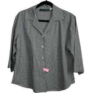 Harve Benard Gingham Button Down Shirt XL 3/4 Sleeve Open Collar Cotton Vintage